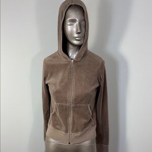 Vintage Juicy Couture Women's Hooded Zip-Front Velour Jacket - Taupe